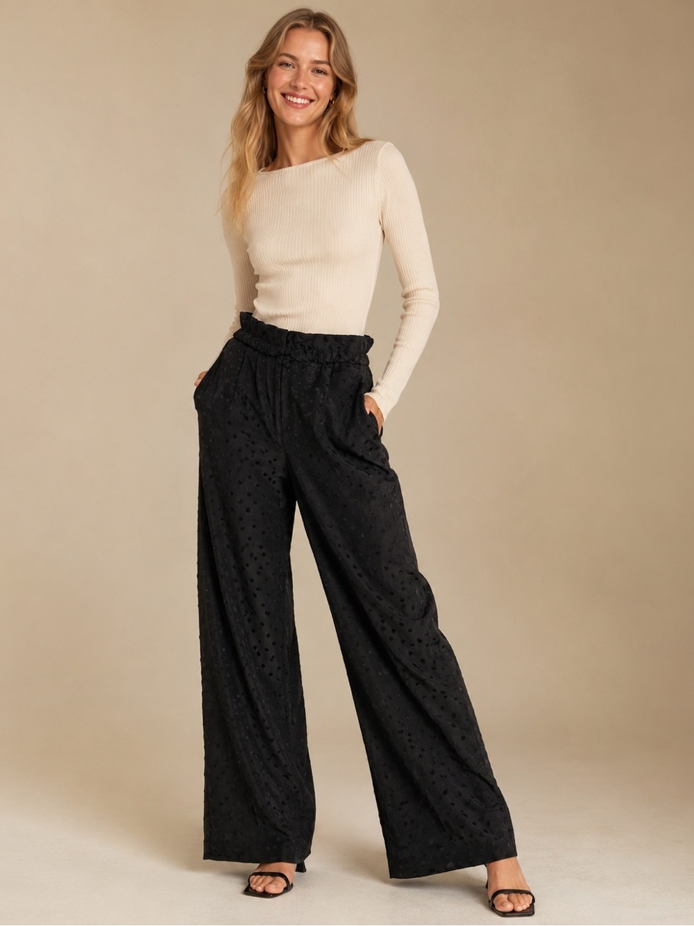 Zara Basic Black Swiss Dot Wide Leg Pants XS High Rise Ruffle Waist Dress Office
